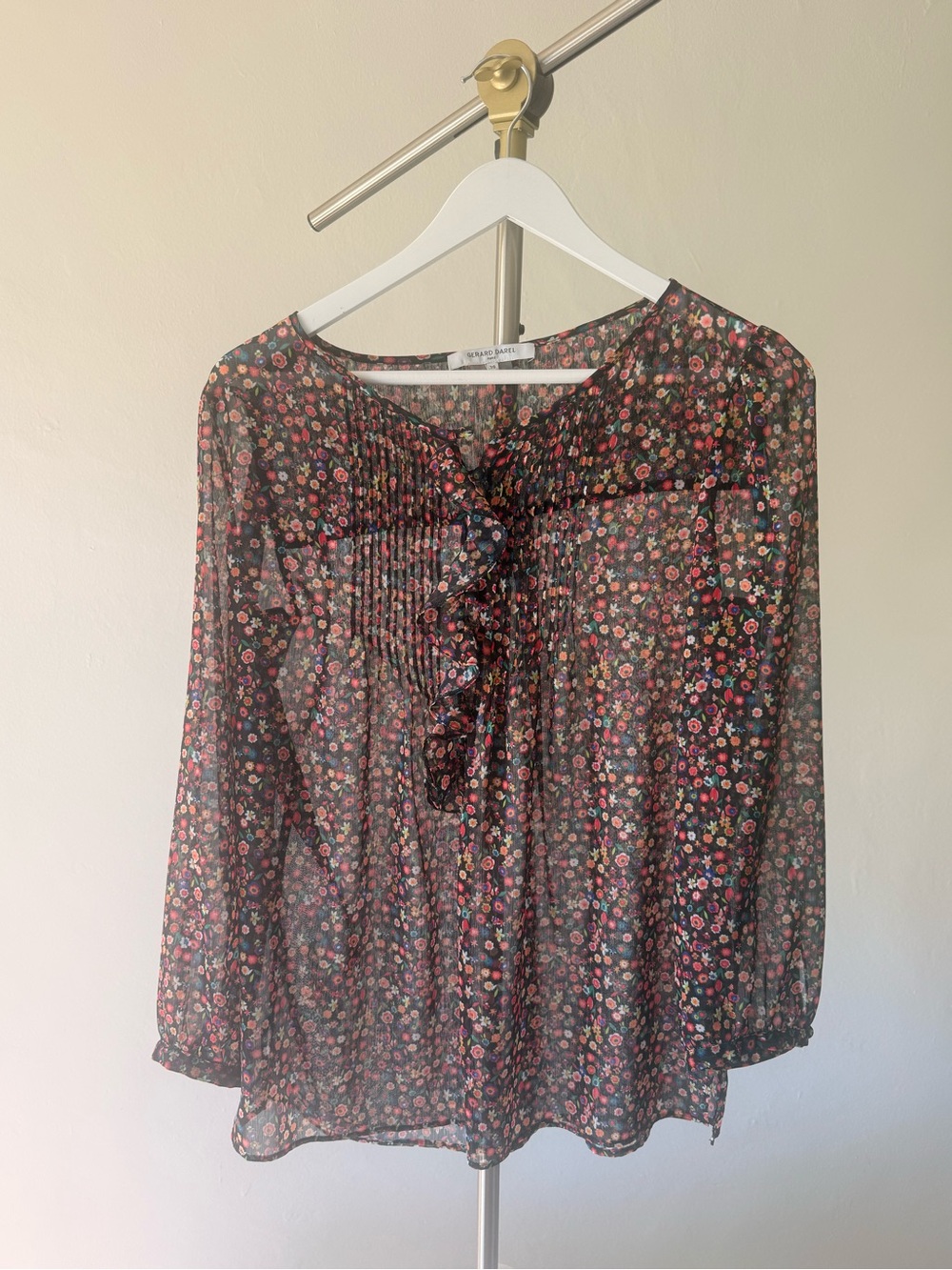 Gerard Darel Black Sheer Floral Ruffle-Front Blouse